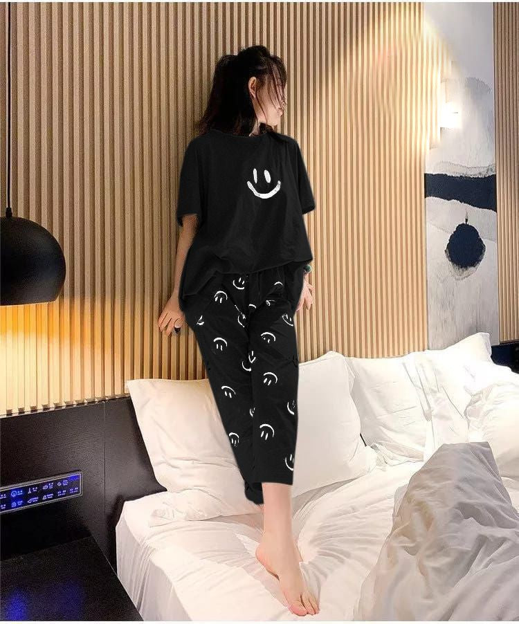 Black Smily Nighty Suit For Women