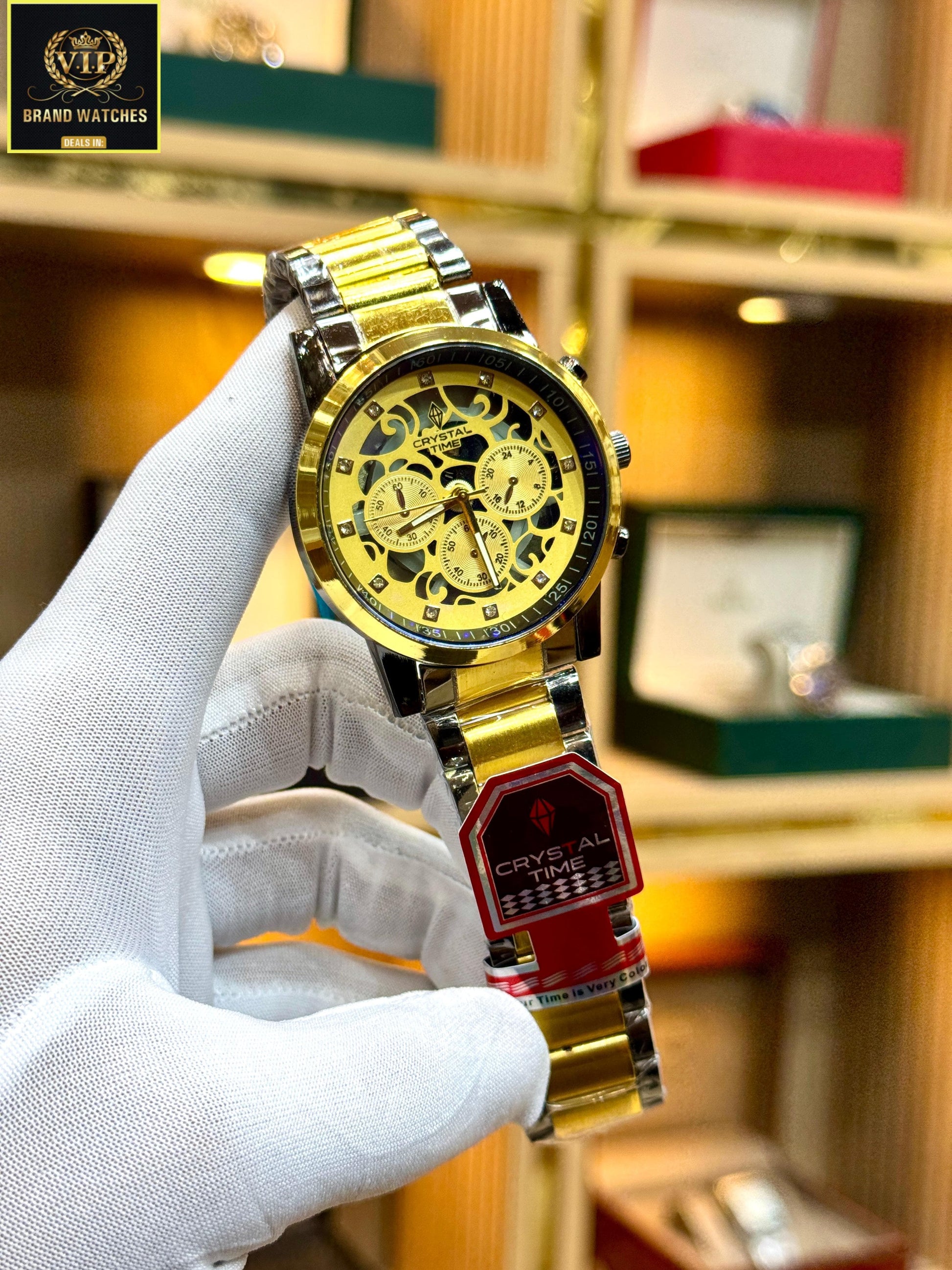 Premium Men Gold Crystal Time Chain Watch