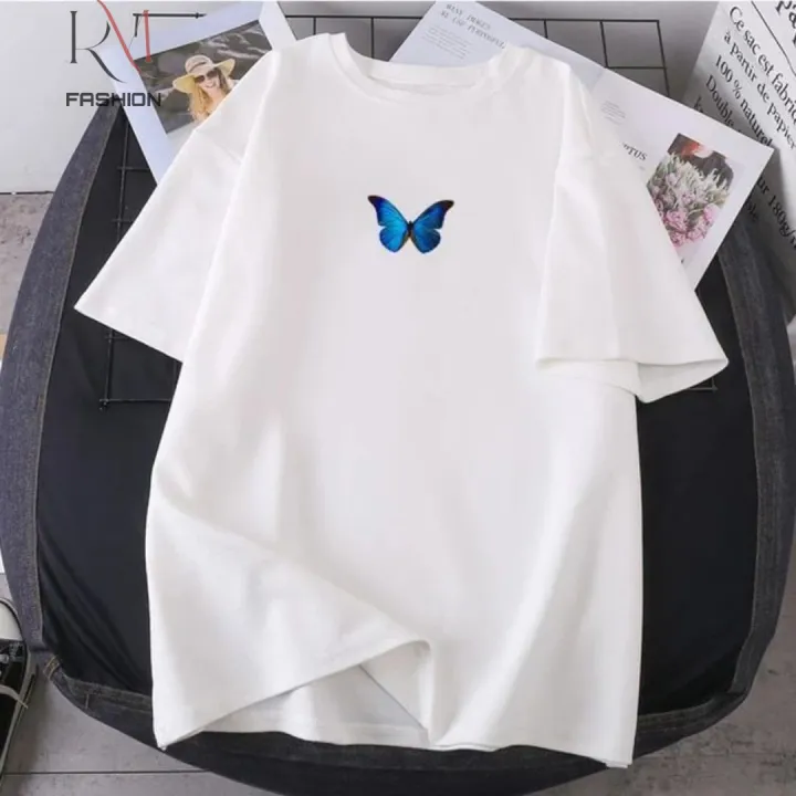 White Round Neck Half Sleeves Blue Butterfly T-shirt For Women