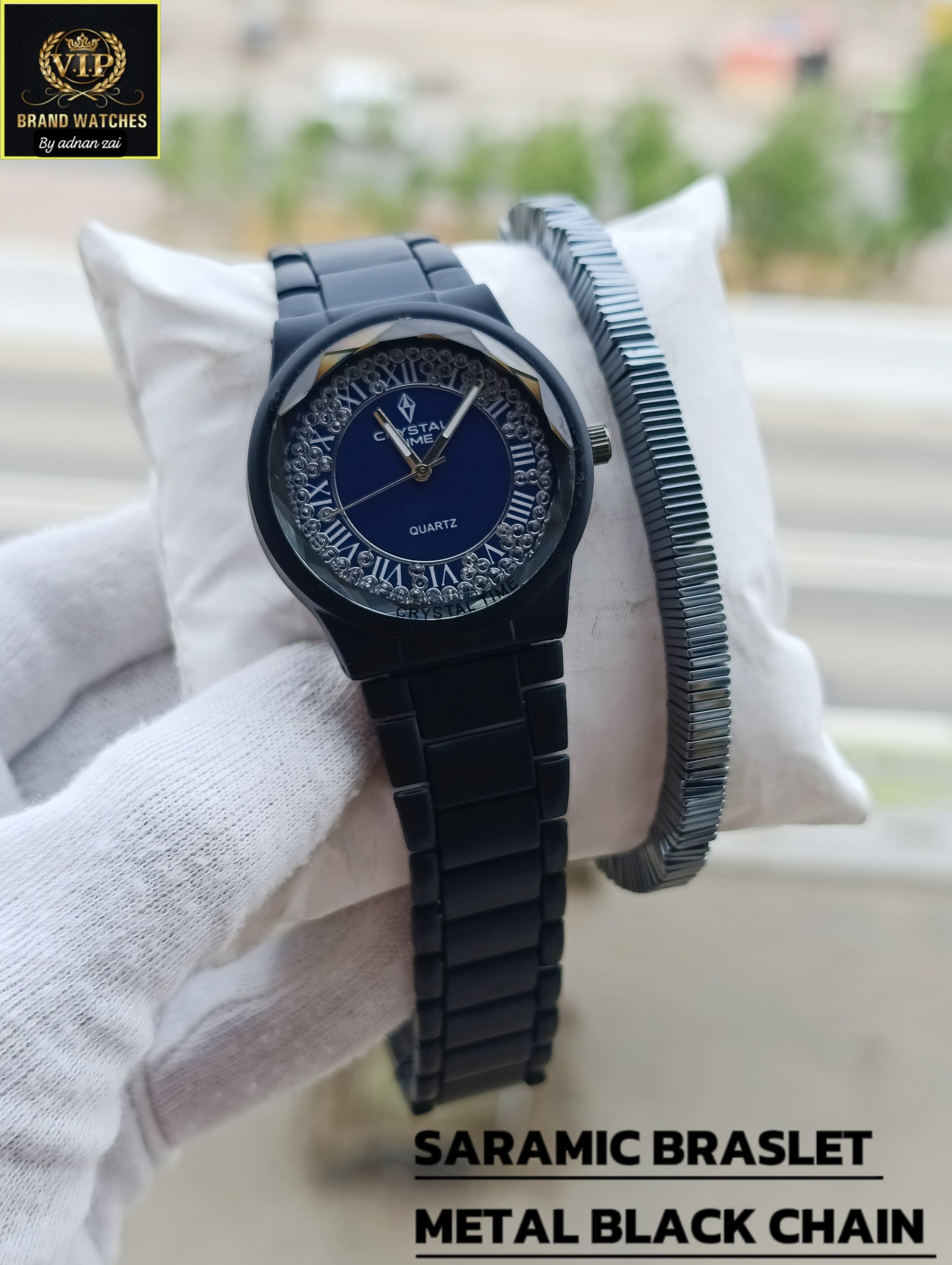 Crystal Time Black Chain Watch With Ceramic Adjustable Bracelet 01