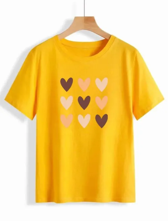 Yellow Round Neck Half Sleeves Heart T-shirt For Women
