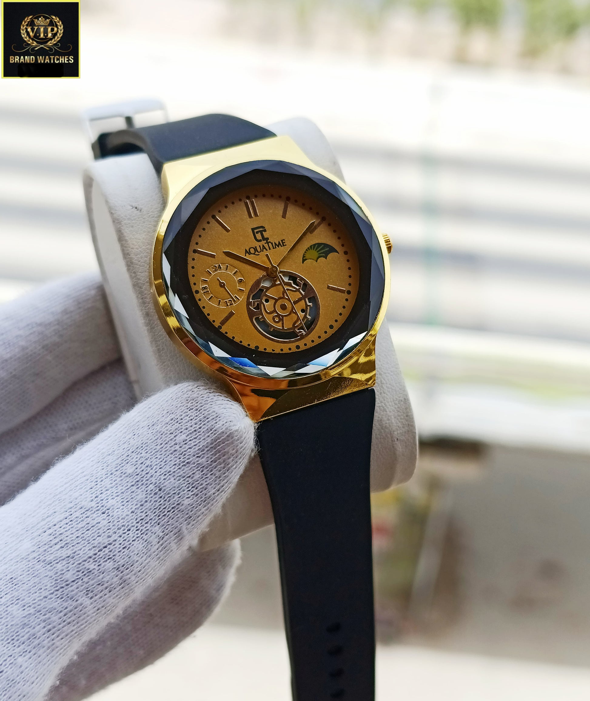Men Leather Strap Aquatime Gold Premium Watch