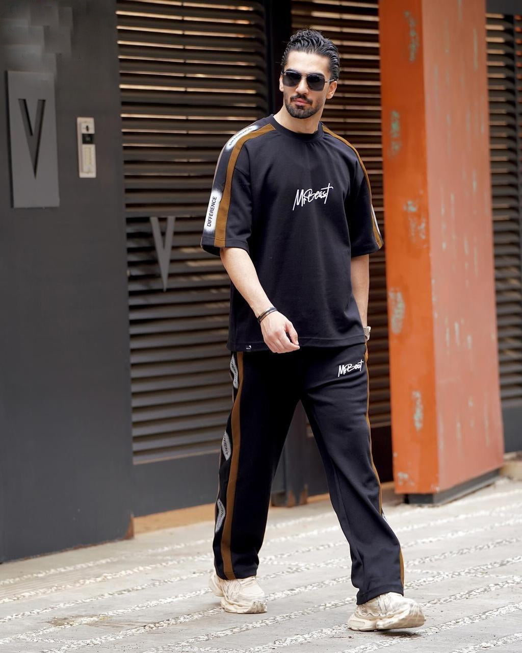 Men Black Branded Tracksuit Drop Shoulder T-shirt & Trouser