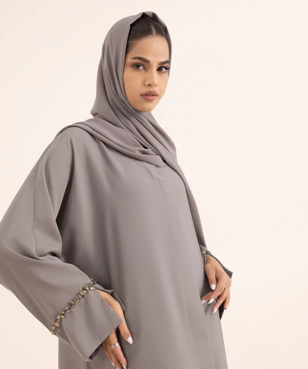 Grey Hand Embellished Abaya Set