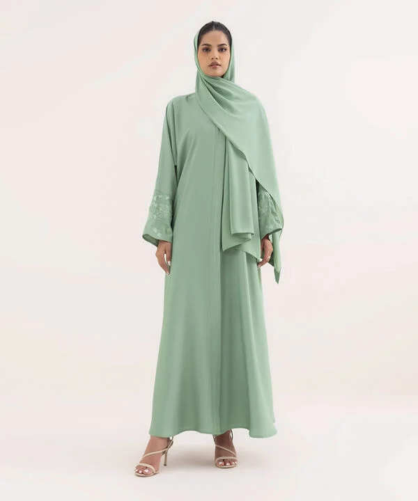 Sea Green Button Through Abaya Set With Sleeve Embroidery Detail
