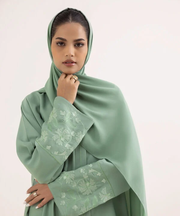 Sea Green Button Through Abaya Set With Sleeve Embroidery Detail