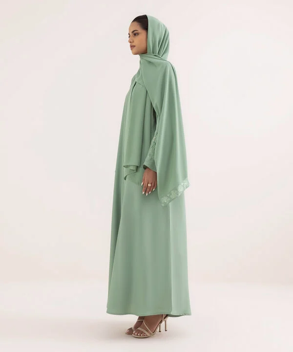 Sea Green Button Through Abaya Set With Sleeve Embroidery Detail