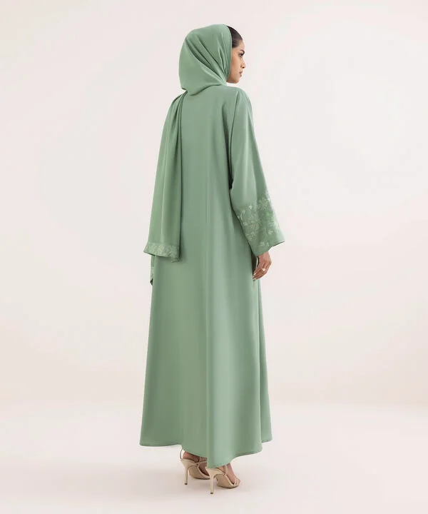 Sea Green Button Through Abaya Set With Sleeve Embroidery Detail
