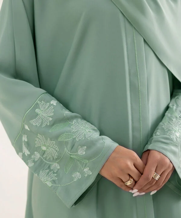 Sea Green Button Through Abaya Set With Sleeve Embroidery Detail
