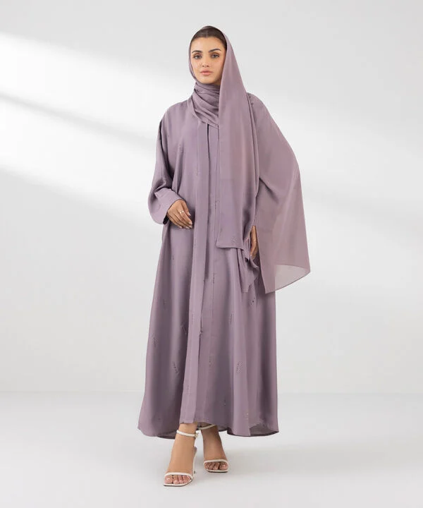 Button Purple Through Abaya Set
