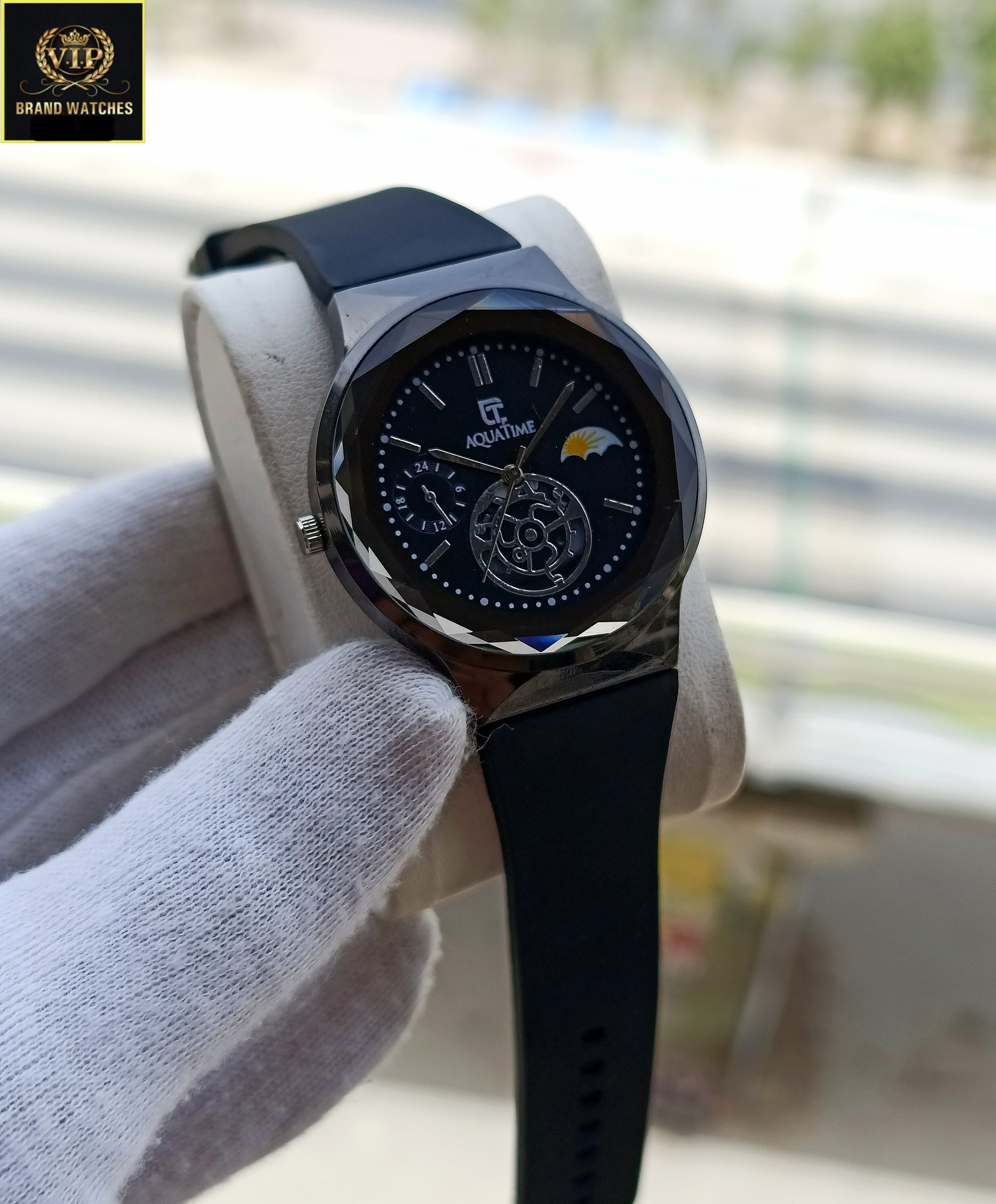 Men Leather Strap Aquatime Black Premium Watch