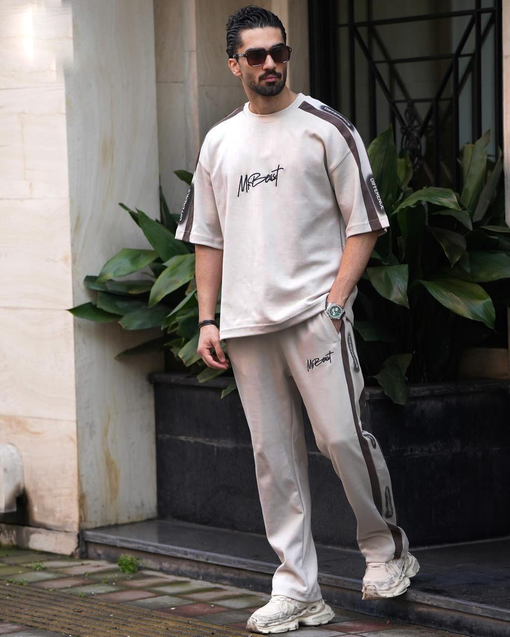 Men Grey Branded Tracksuit Drop Shoulder T-shirt & Trouser