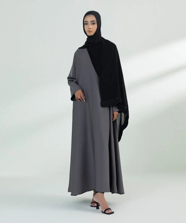 Basic Grey Abaya With Black Scarf