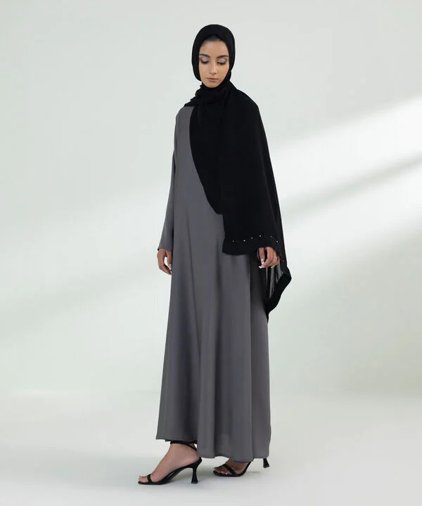 Basic Grey Abaya With Black Scarf