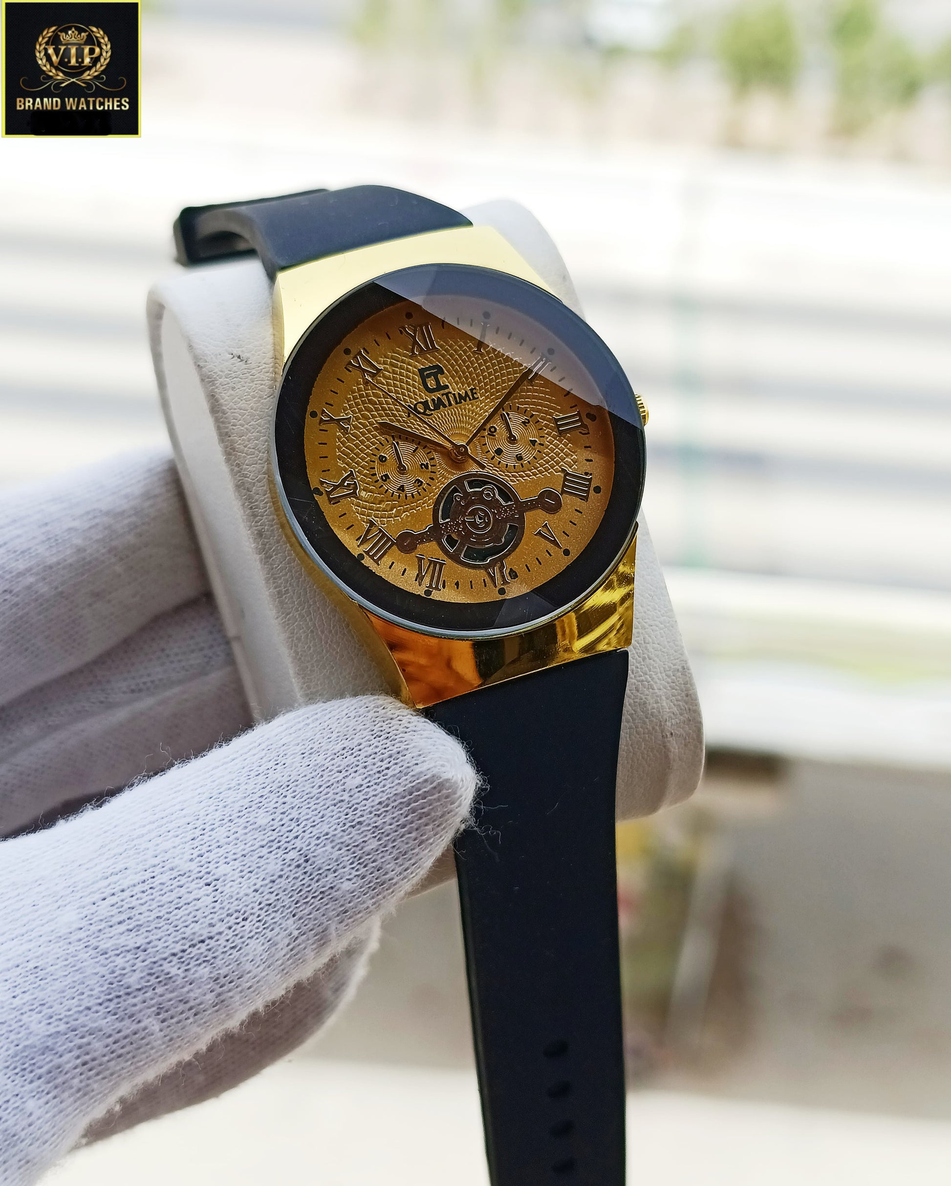 Men Leather Strap Aqua time Gold Premium Watch