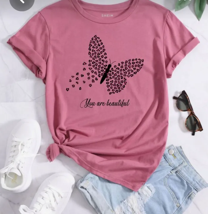 Pink Round Neck Half Sleeves Bufferfly T-shirt For Women