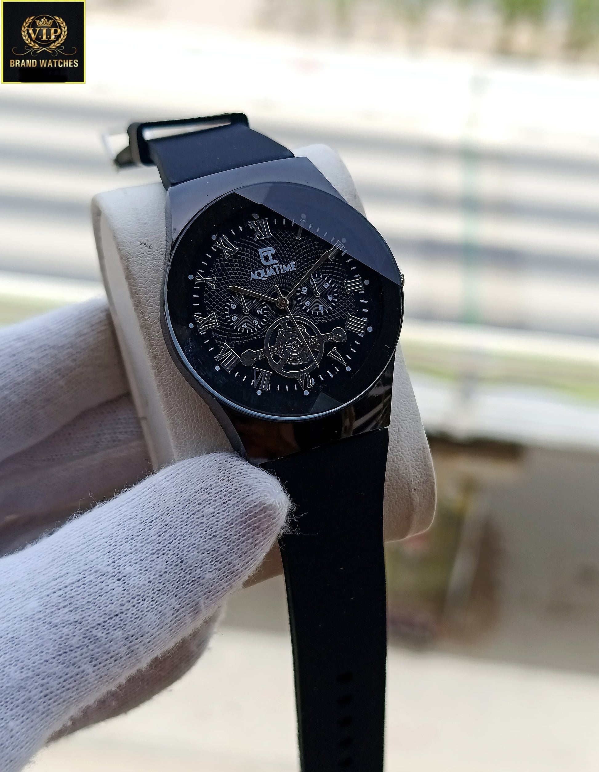 Men Leather Strap Aqua time Black Premium Watch