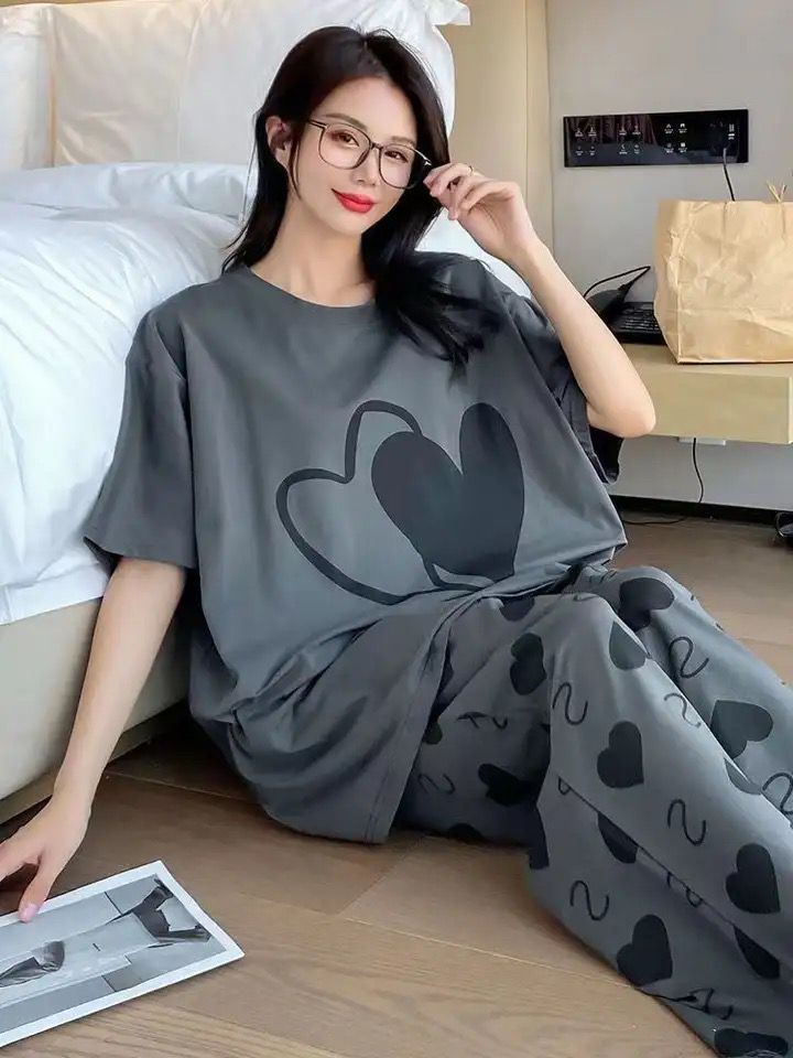 Charcoal Grey Heart Nighty Suit For Women