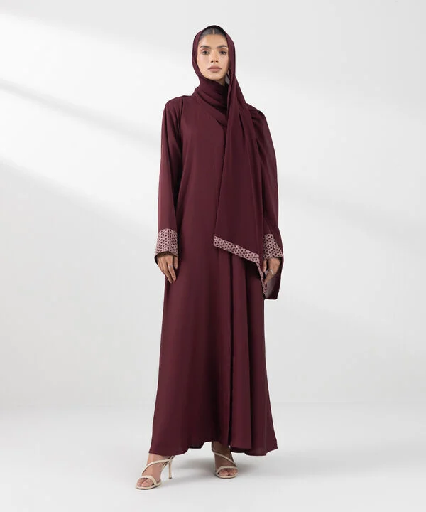 Maroon Embroidered Abaya Set