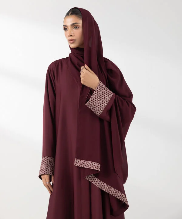 Maroon Embroidered Abaya Set