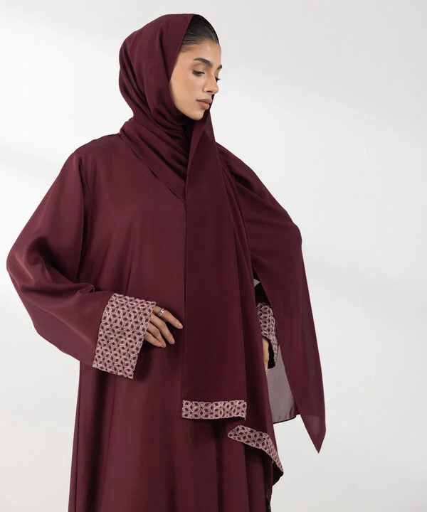 Maroon Embroidered Abaya Set