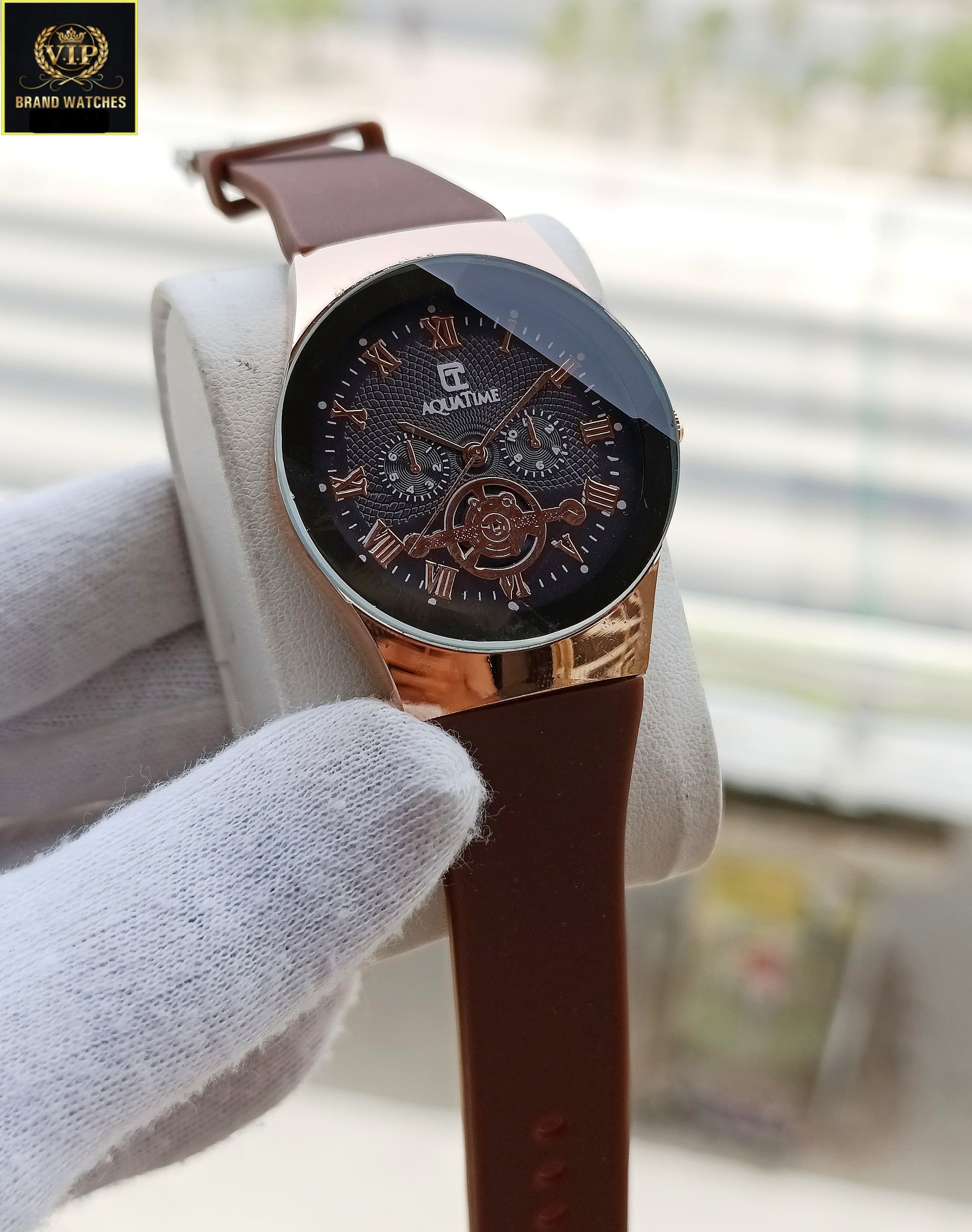 Men Leather Strap Aqua time Brown Premium Watch