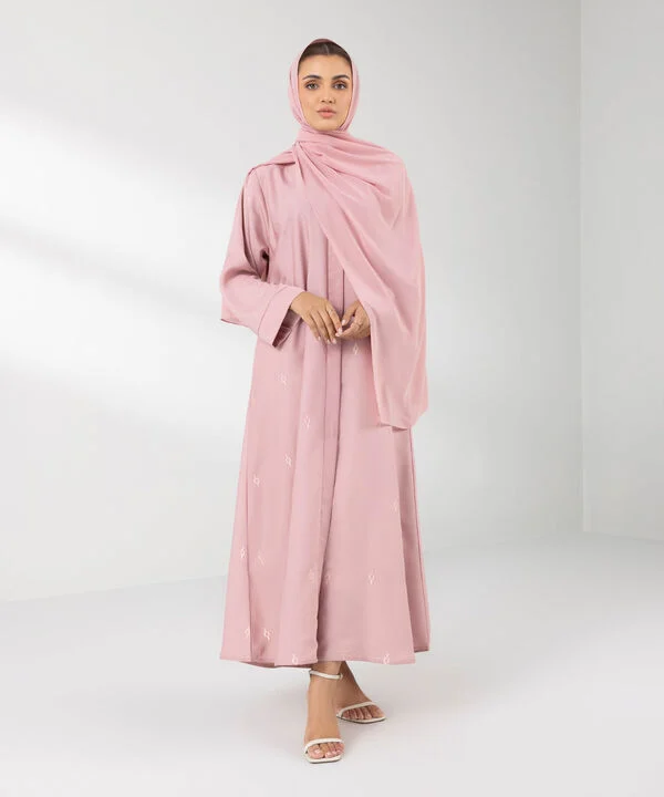 Pink Embroidered Button Through Abaya Set