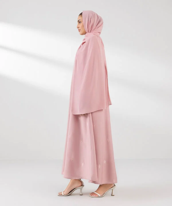 Pink Embroidered Button Through Abaya Set