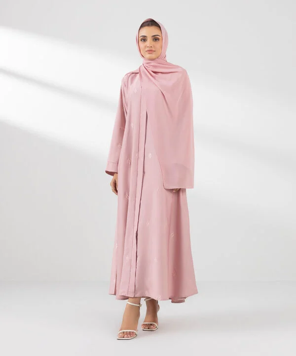 Pink Embroidered Button Through Abaya Set