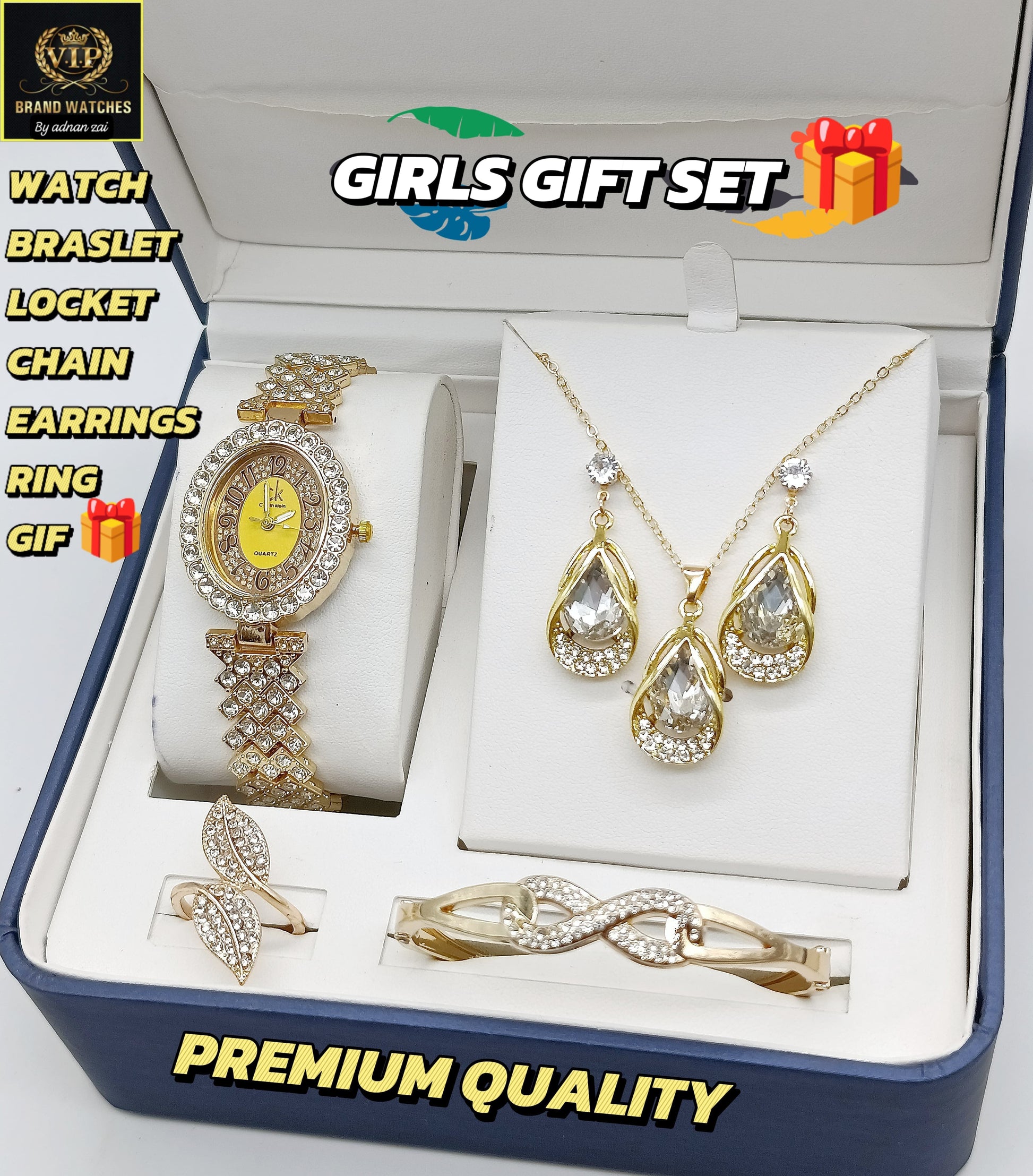 Pack Of 5 Watch Gift Set 04 ( Watch + Necklace + Bracelet + Ring + Earrings )