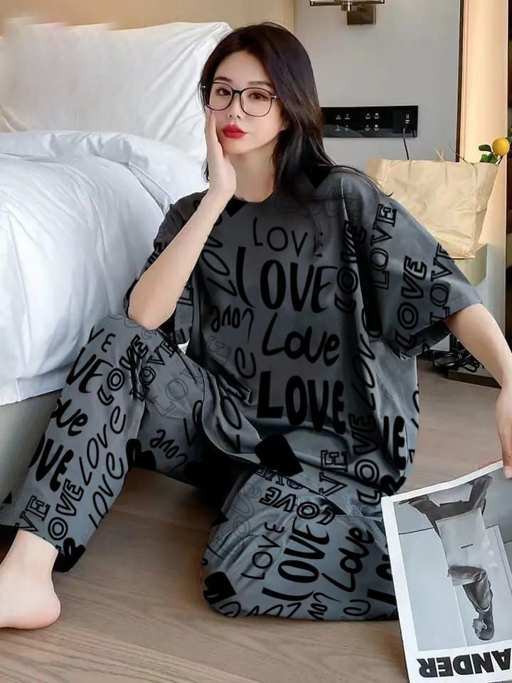 Charcoal Grey Love  Nighty Suit For Women