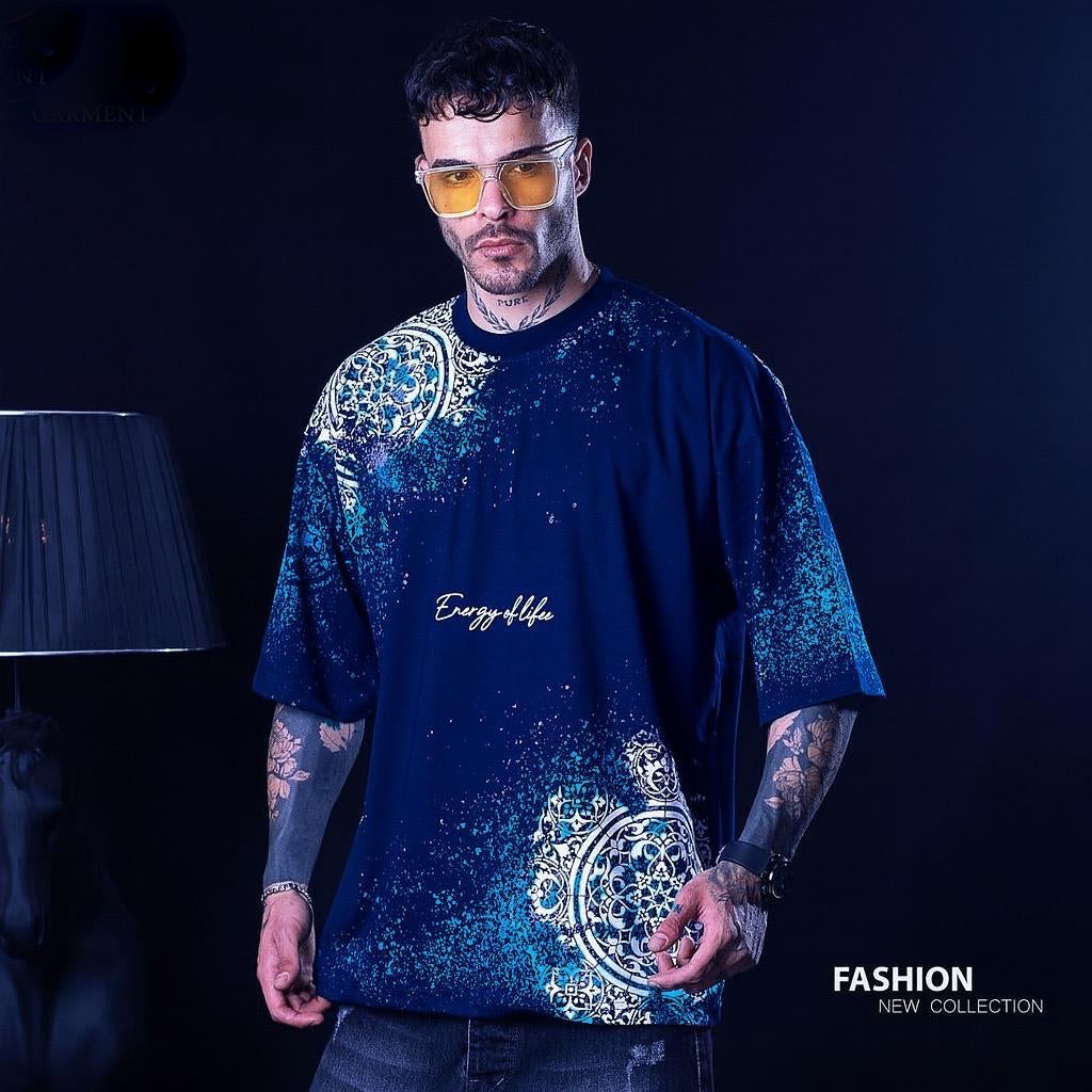 Branded Navy Blue Printed Drop Shoulder T-shirt