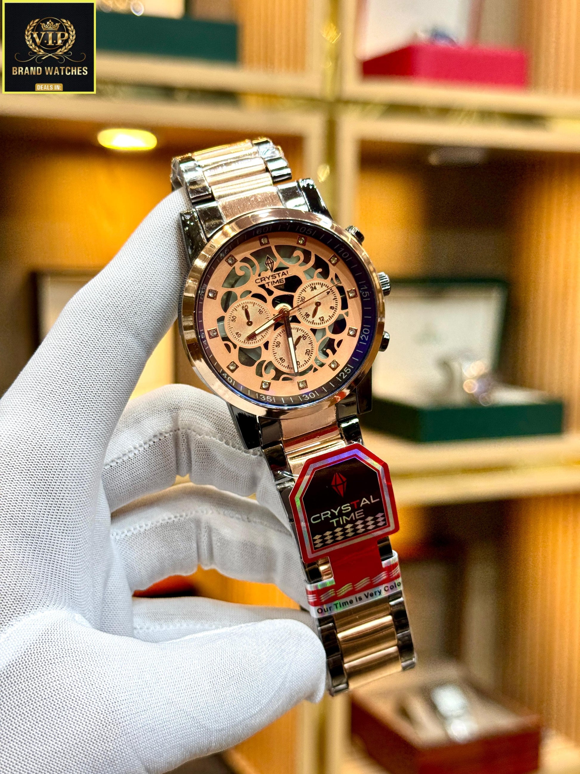 Premium Men Beige Crystal Time Chain Watch