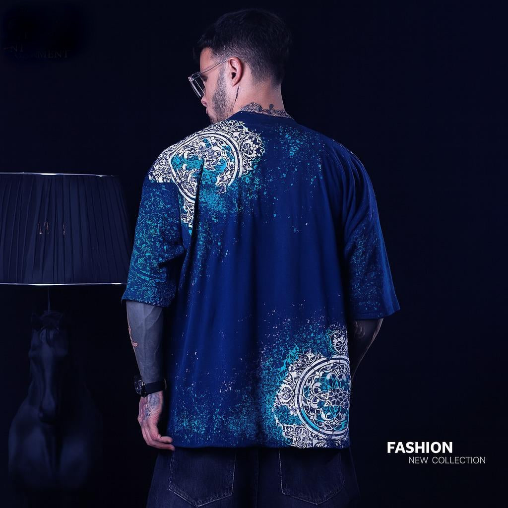 Branded Navy Blue Printed Drop Shoulder T-shirt