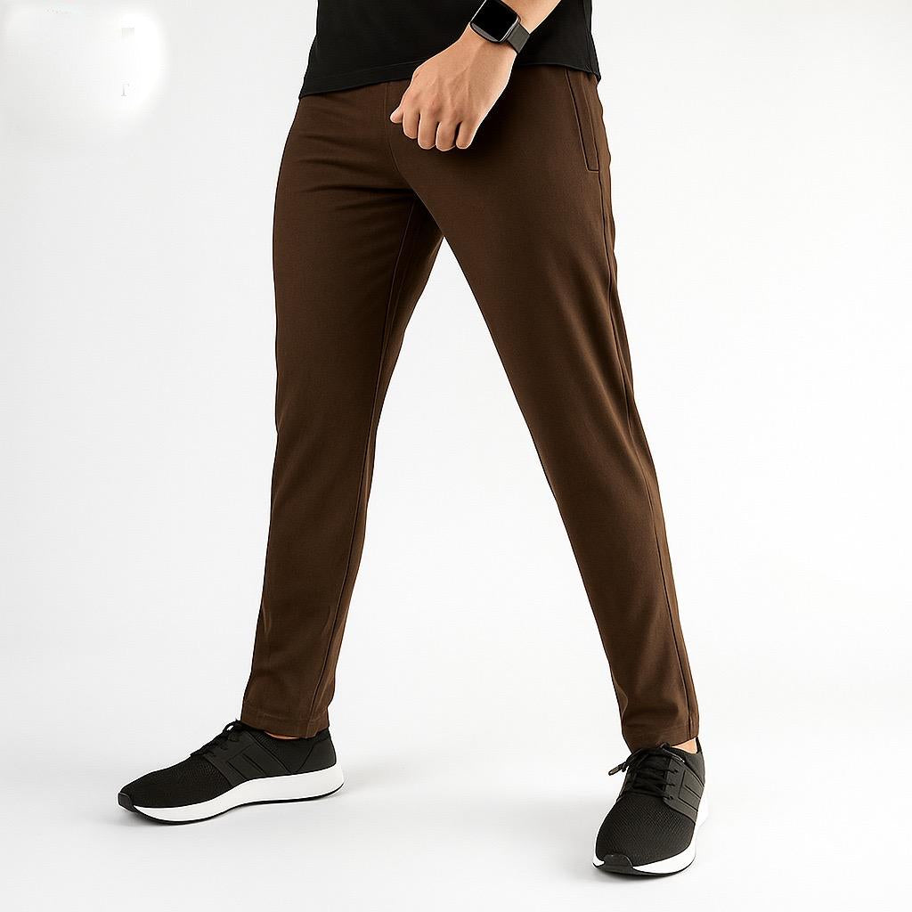 Men Slim Fit Straight Brown Trouser