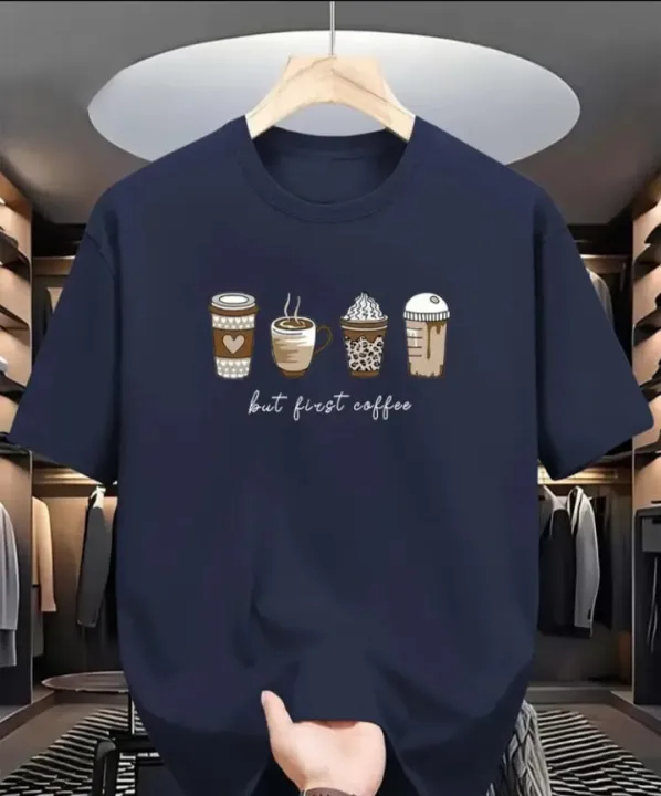 Navy Blue Round Neck Half Sleeves Coffee Print T-shirt For Women