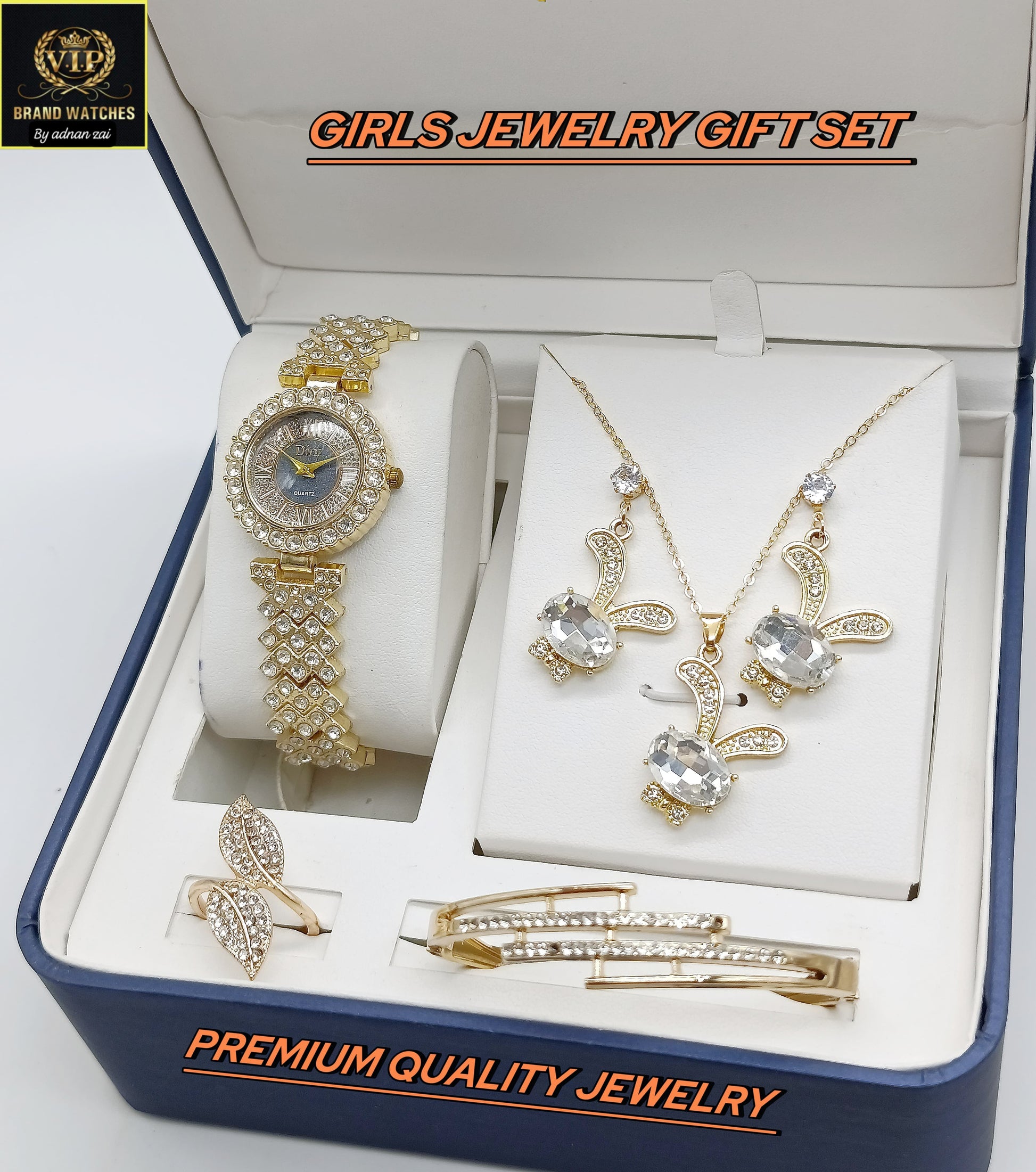 Pack Of 5 Watch Gift Set 010 ( Watch + Necklace + Bracelet + Ring + Earrings )
