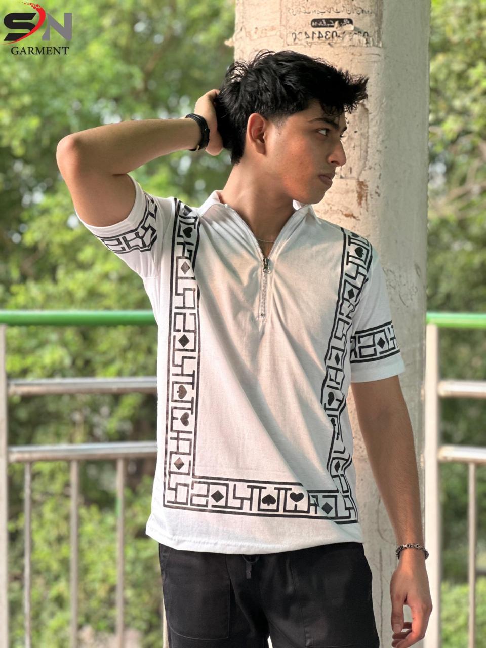 Men White Printed Zipper Half Sleeve T-shirt