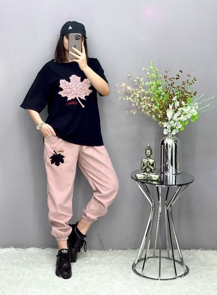 Black & Pink Flower Nighty Suit For Women
