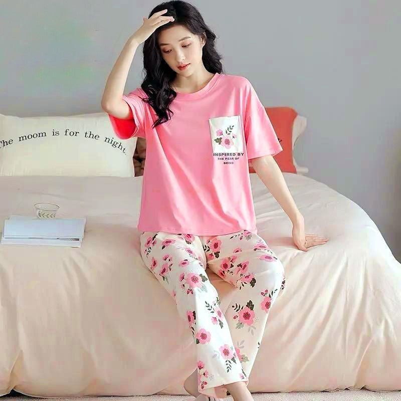 Pink White Flower Nighty Suit For Women