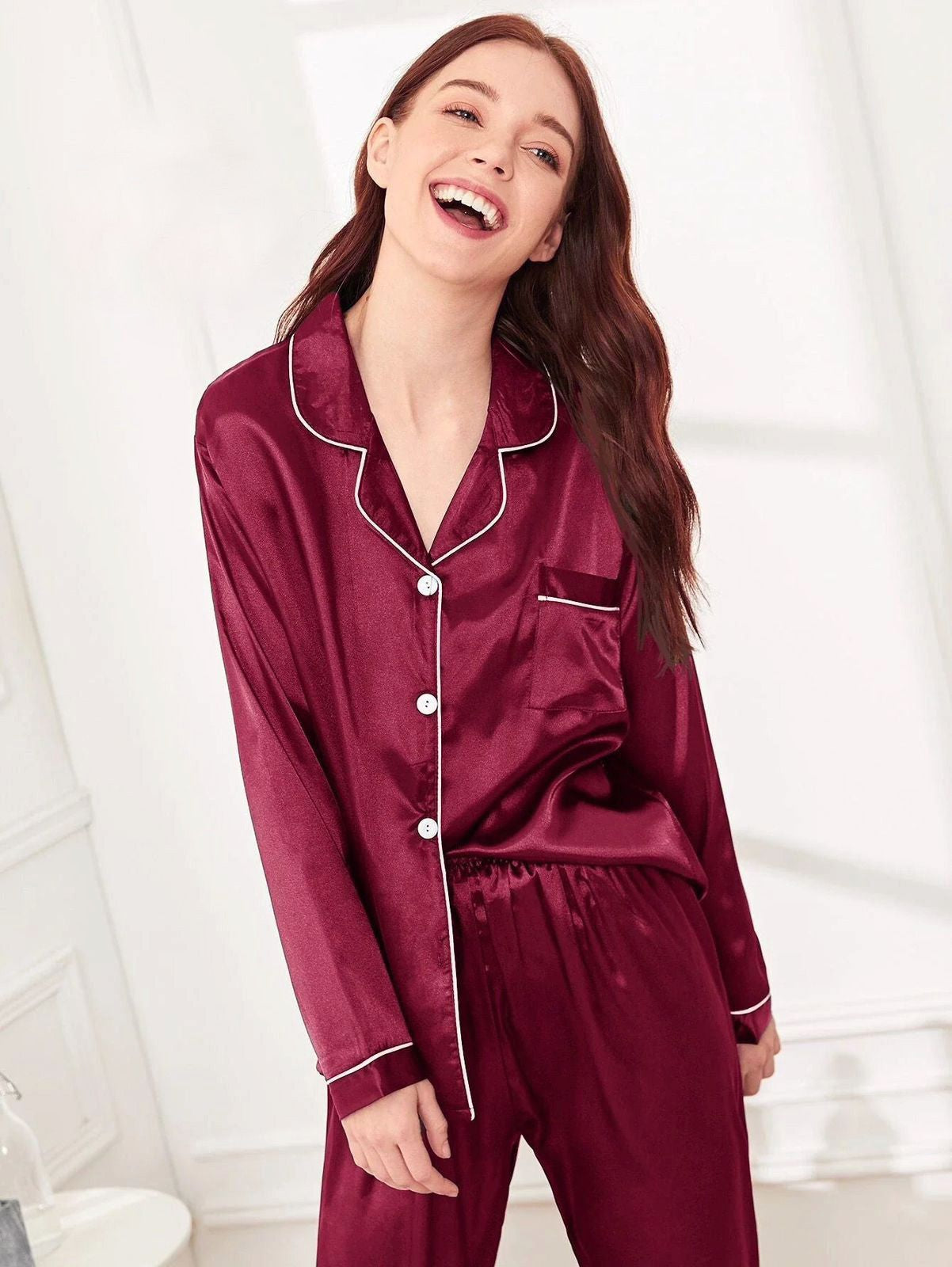 Maroon Silk Nighty Suit For Women