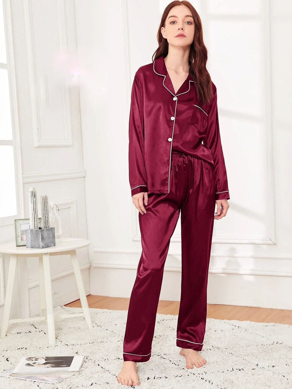 Maroon Silk Nighty Suit For Women