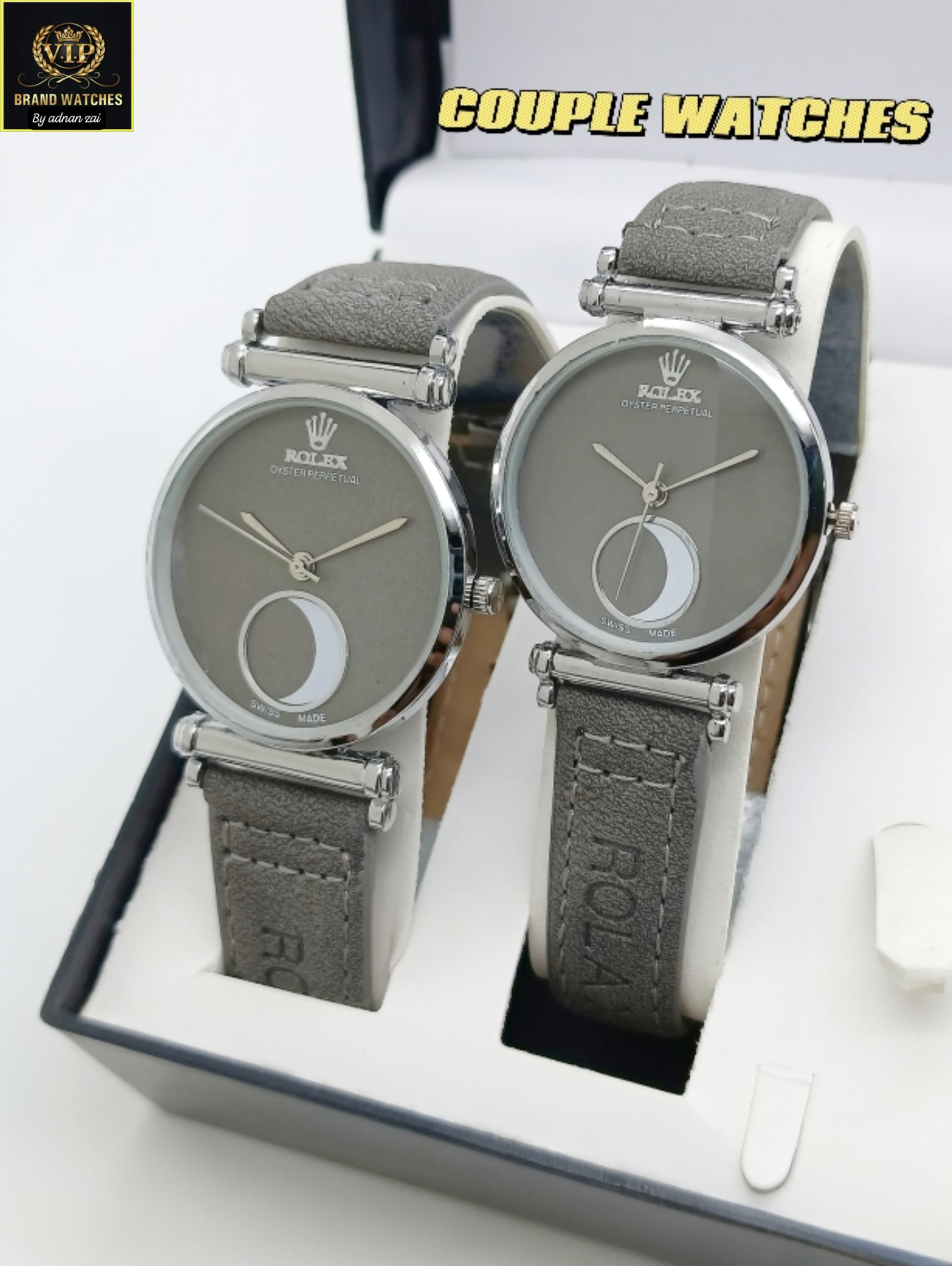 ROLEX Grey Couple Watches Leather Strap