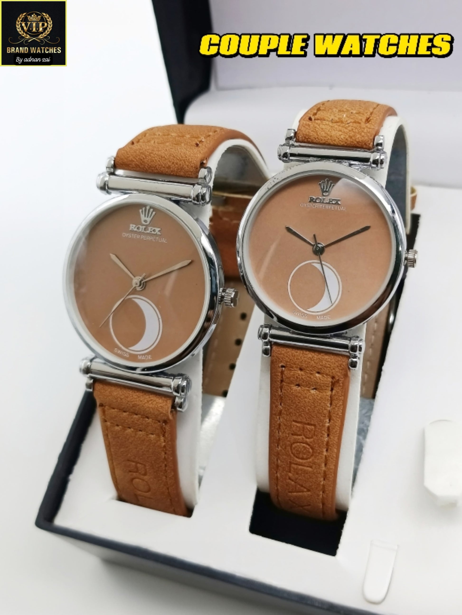 ROLEX Beige Couple Watches Leather Strap