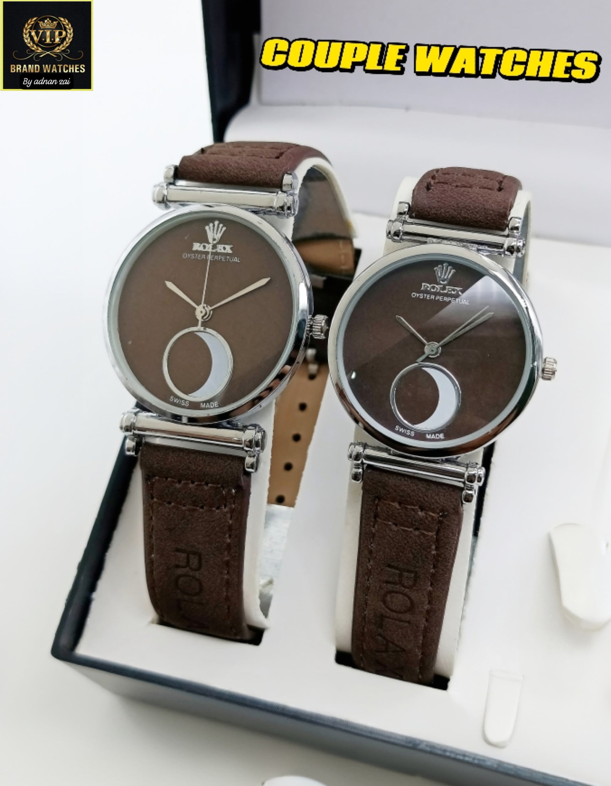 ROLEX Brown Couple Watches Leather Strap