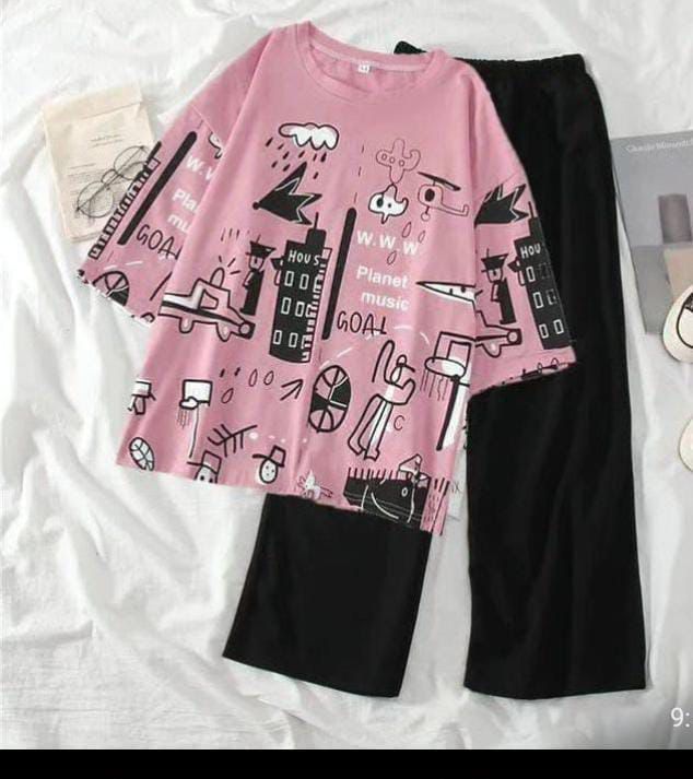 Pink Multi Craft Nighty Suit For Women