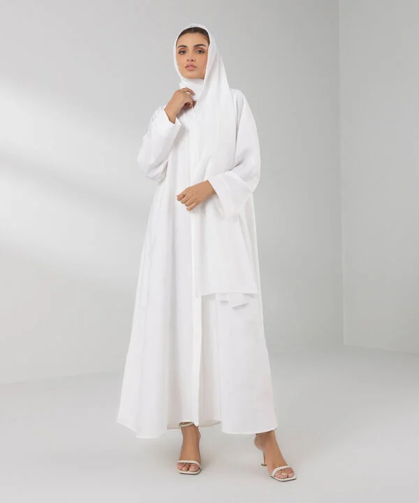 Embroidered White Button Through Abaya Set