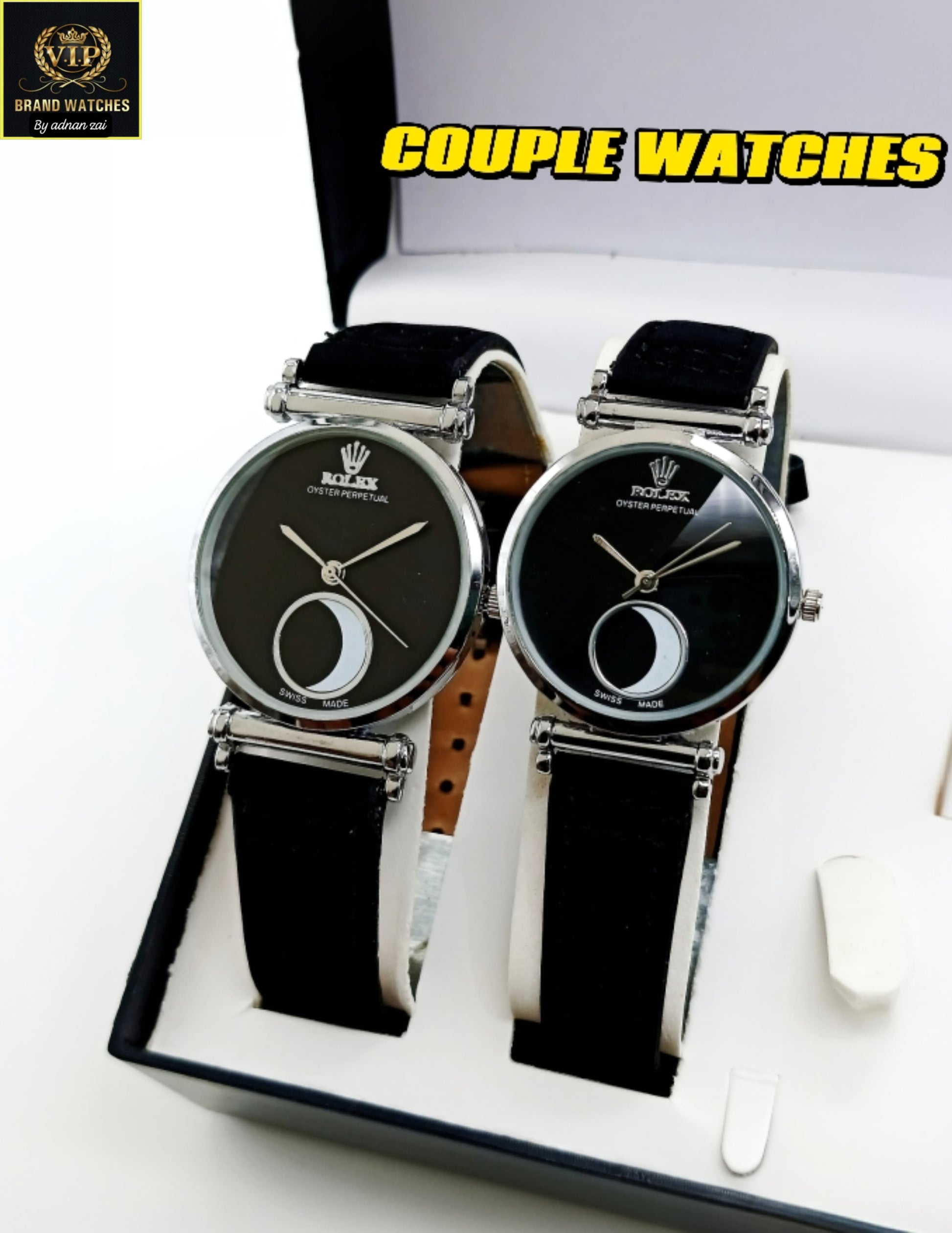 ROLEX Black Couple Watches Leather Strap