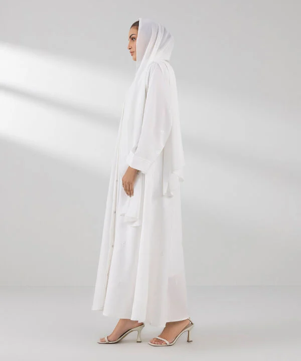 Embroidered White Button Through Abaya Set