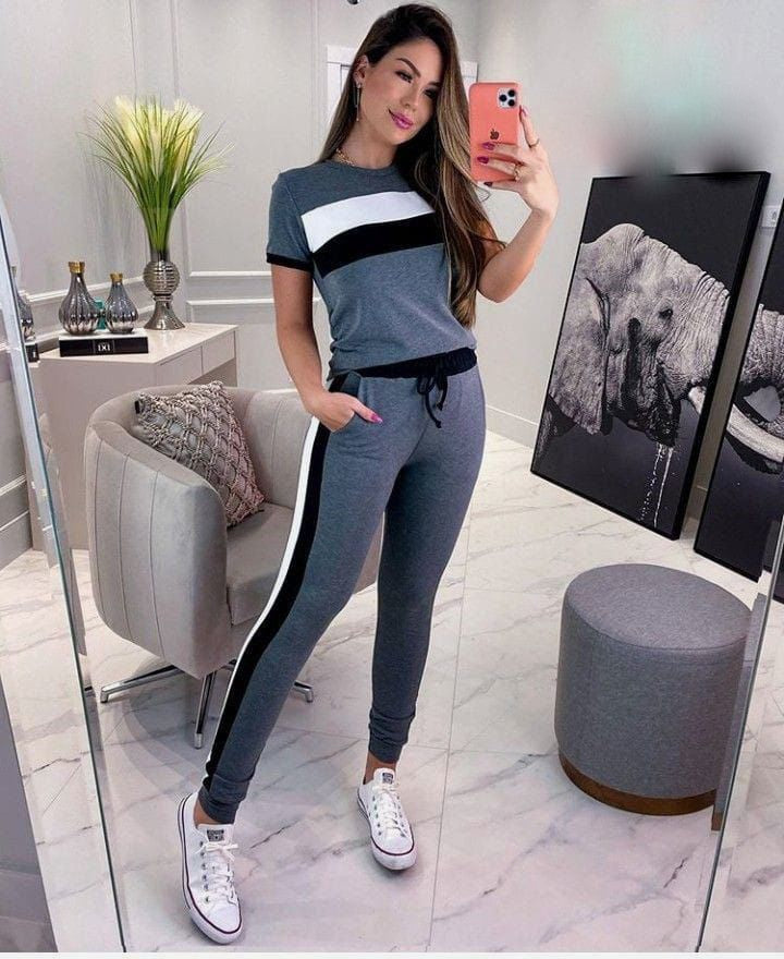 Grey Black White Stripe Nighty Suit For Women